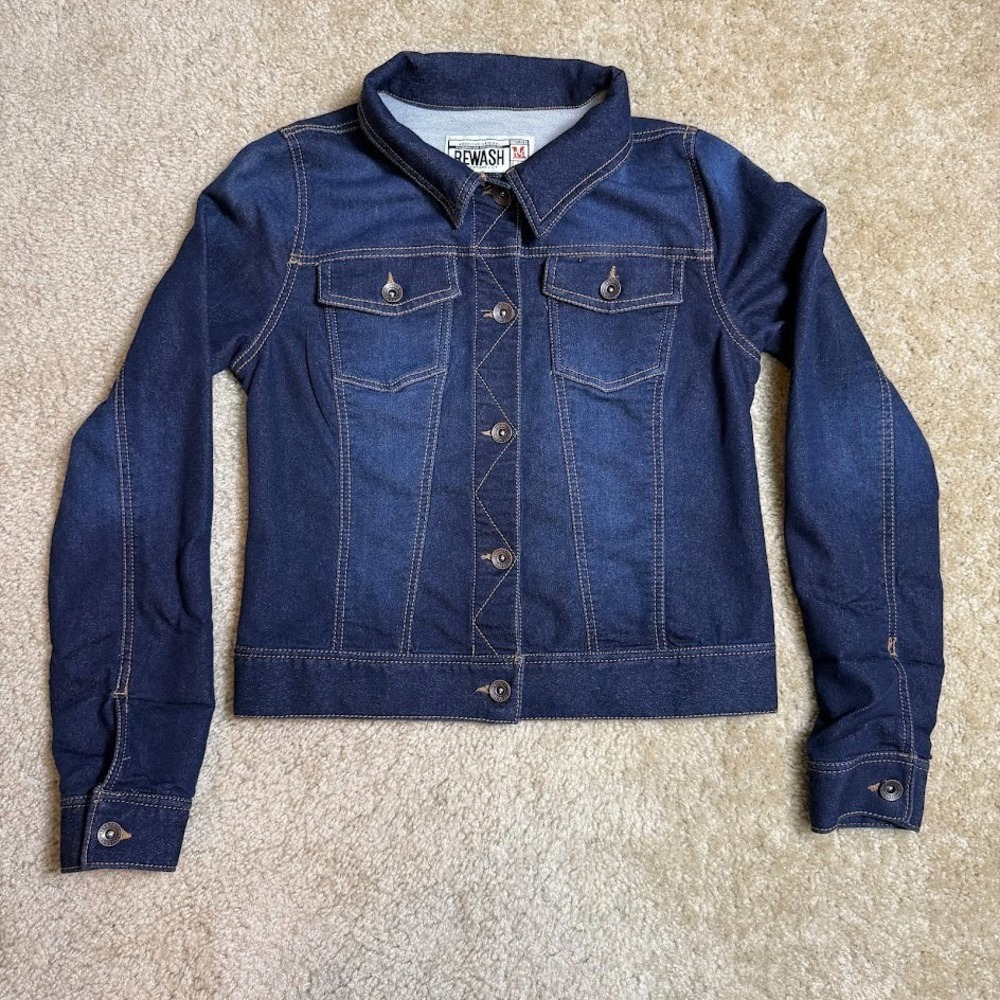 Rewash Brand Womens Dark‎ Wash Denim Jacket Size M Stretch Trucker Blue